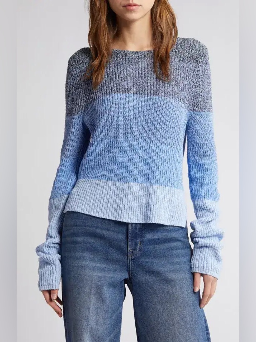 Rag & Bone Cotton Kati Colorblock Long Sleeve Crewneck Sweater Small Blue Gray